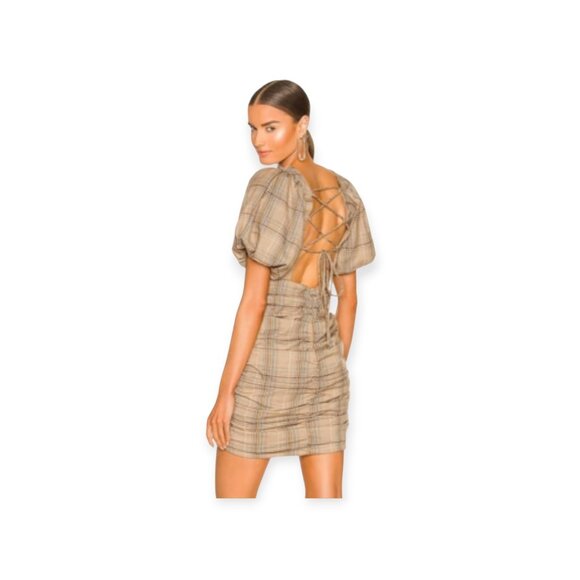 Revolve Majorelle tan plaid puff sleeve lace-up Darlene Mini Dress size S EUC - Picture 12 of 12